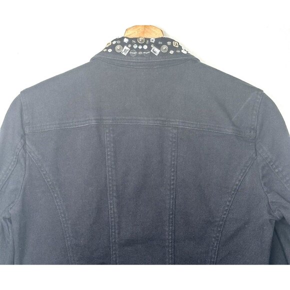 Spanner Womens Denim Jean Jacket Rhinestone Collar Boho Snap Button Black Size 2 - Picture 5 of 12